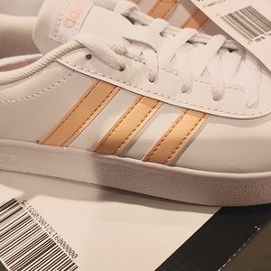 White with coral pink stripe Adidas. Kids size 2.